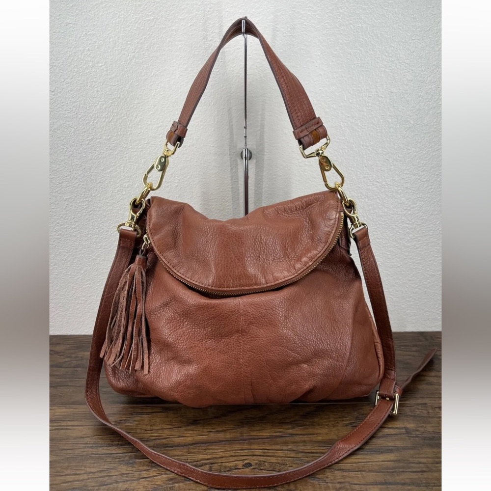 Margot New York Adelle Brown Pebble Grain Leather Flap Crossbody Bag